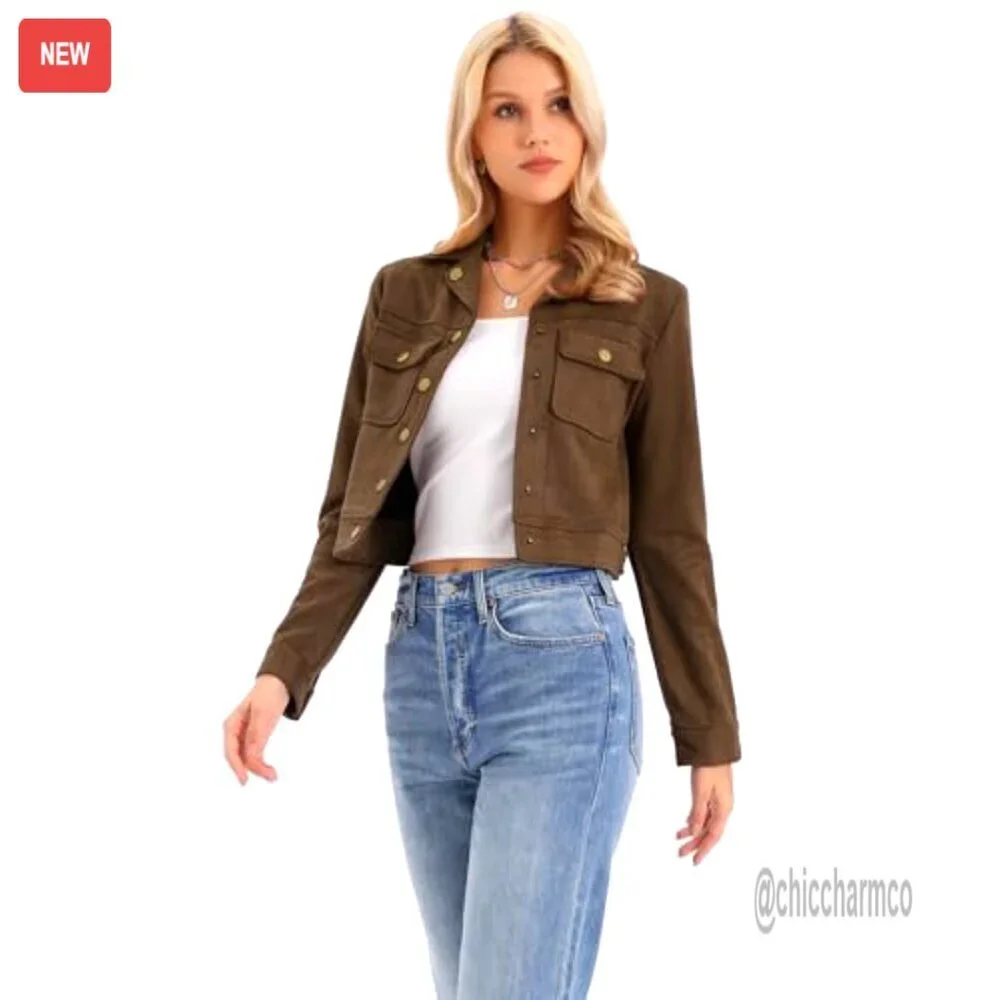 Faux Suede Cropped Moto Jacket Button Down Collar Casual Chic Biker Coat - Picture 4 of 6